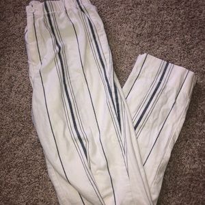 White and blue striped, tight pants
